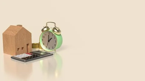 The Clock and House  for Building  or Property concept 3d Rendering. Ilustración de archivo
