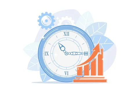 Clock and increasing chart. Workflow productivity increase, work performanc.. Stock Illustration