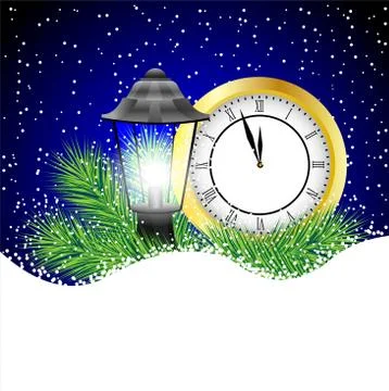 Clock and lantern with the branches of fir-tree on to snow Stock Illustration