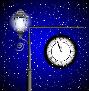Clock and lantern on a post on a background sky Stock Illustration