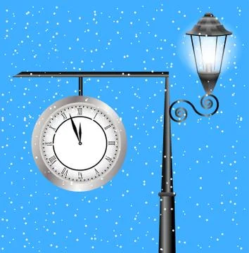 Clock and lantern on a post on a background sky Illustrazione stock