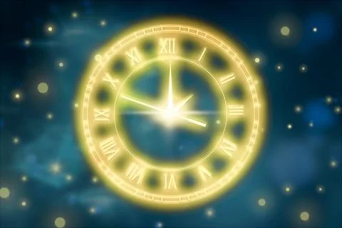 Clock and lights on blue gradient background. Time concept Illustrazione stock