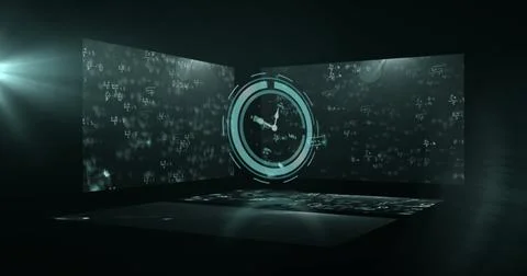 Clock and mathematical formulas image over dark background Illustrazione stock