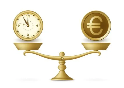 Clock and money on balanced scale. Business concept. Vector illustration. Stock Illustration