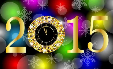 Clock and numbers 2015 year on a bright background with gold spangles Stock Illustration