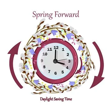 Clock and spring flowers wreath around isolated on white background. Stock Illustration