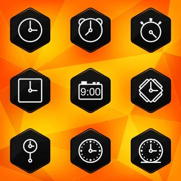 Clock and Time. Hexagonal icons set on abstract orange background 库存插图