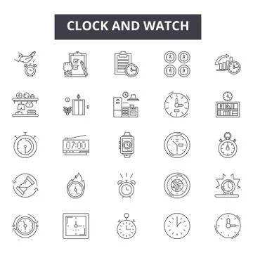 Clock and watch repairs and parts line icons for web and mobile design. Editable Illustrazione stock
