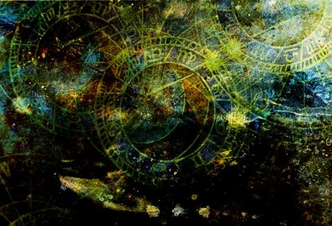 Clock and zodiac collage. Abstract color background. Stock Illustration