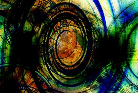 Clock and zodiac collage. Abstract color background. Stock Illustration