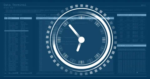 Clock animation over computer terminal interface with data and code Stock Footage 303536800