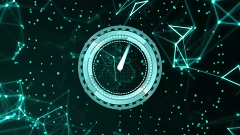 Clock animation over digital network with glowing geometric shapes and lines Stock Footage 329708097