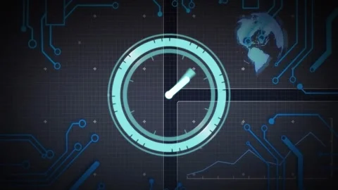 Clock animation over digital world map and circuit board design Stock Footage 327196399