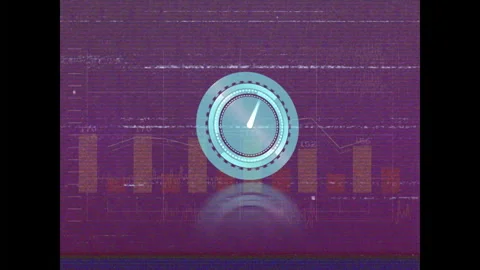 Clock animation over financial graphs and data on textured purple background Video stock 304839317
