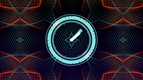 Clock animation over geometric patterns with vibrant red and blue lines Stock Footage 306432738