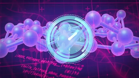 Clock animation over molecular structure with mathematical equations in Stock Footage 304015576