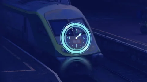 Clock animation over moving train at night Stock Footage 305020772