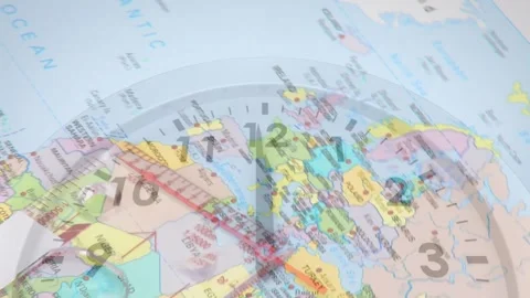 Clock animation over world map showing different time zones Stock Footage 330659813