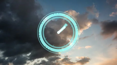 Clock animation overlay on dramatic cloudy sunset sky, creating dynamic scene Stock Footage 305065602