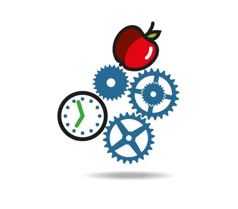 Clock, apple and gears pyramid. Technology, time and food. Stock Illustration