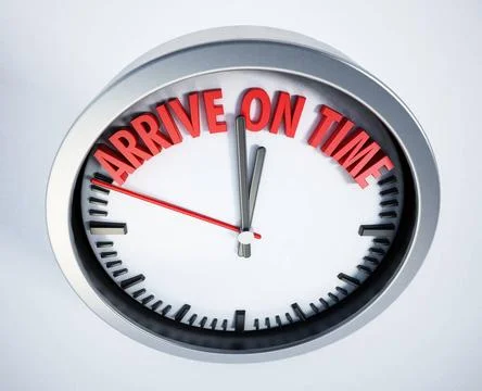 Clock with arrive on time text. 3D illustration Clock with arrive on time ... Stockfoto's