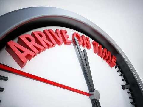 Clock with arrive on time text. 3D illustration Clock with arrive on time ... Stockfoto's