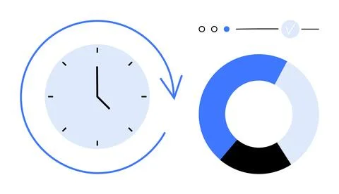 Clock with arrow and segmented progress pie chart in blue, black, and white.  Stock Illustration