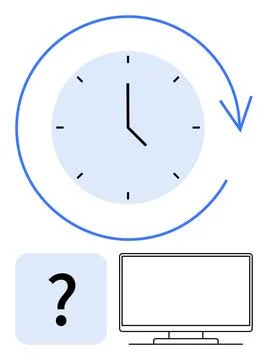 Clock with Arrow Circle, Question Mark, and Monitor Representing Productivi.. Stock Illustration
