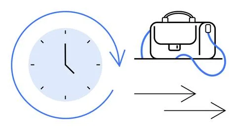 Clock with arrow indicating cycle or rotation next to a briefcase with handle Illustration