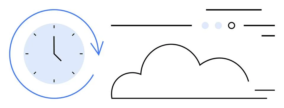 Clock with arrow indicating time flow alongside cloud and various lines sug.. 스톡 일러스트