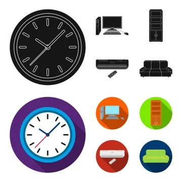 Clock with arrows, a computer with accessories for work in the office, a cabinet Illustrazione stock
