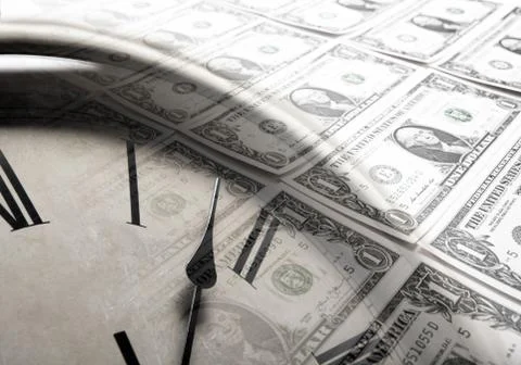 Clock on the background of banknotes dollars Stock Photos