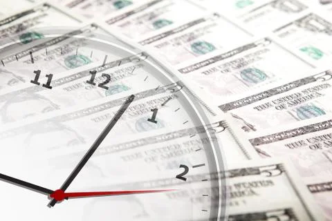 Clock on the background of banknotes dollars Stock Photos