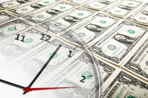 Clock on the background of banknotes dollars Foto stock