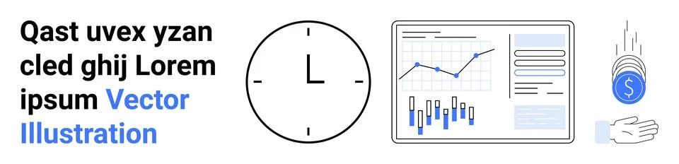 Clock, bar graph, line chart, notebook, hand with falling money, text section Stock Illustration
