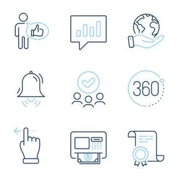 Like, Clock bell and Touchscreen gesture icons set. Analytical chat, Atm and 360 Stock Illustration