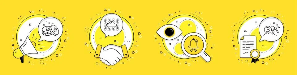 Clock bell, Cloud system and Bitcoin icons set. Bitcoin mining sign. Alarm, Data Stock Illustration