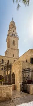 The clock bell tower of the Dormition Abbey in Jerusalem, Israel Stock Photos
