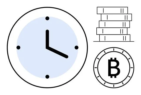 Clock with Bitcoin and Stack of Coins Representing Cryptocurrency Value Ove.. Stock Illustration