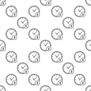 Clock with Bitcoin sign vector Cryptocurrency Investment thin line seamless.. Illustrazione stock