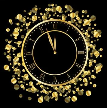 Clock on a black  background with gold spangles Stock Illustration
