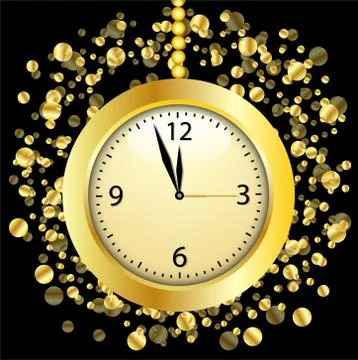 Clock on a black  background with gold spangles Stock Illustration