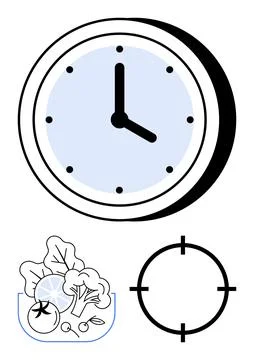 Clock with black frame and blue face, vegetables with lettuce, broccoli, lemo イラスト素材