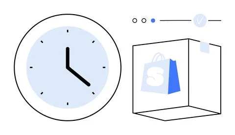Clock with black hands and numerals and a shopping bag-box with a logo and ch Stock Illustration