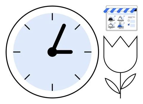 Clock with black hands, interface screen with storefront elements, and minima Stock Illustration