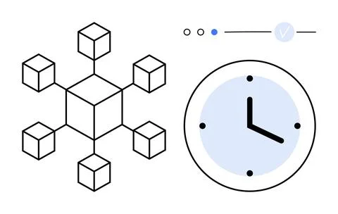 Clock with black hands, network of connected cubes, and progress indicator wi Stock Illustration