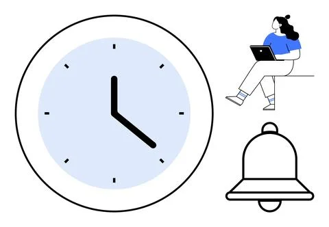 Clock with black hands, notification bell, and woman working on laptop sugges Stock Illustration