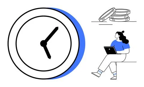 Clock with black hands, person using laptop while sitting, and stack of coins Stock Illustration
