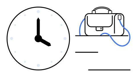 Clock with black hands showing 2 oclock next to a shoulder bag on a table, co Stock Illustration