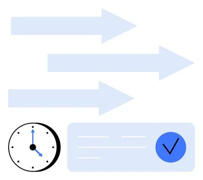 Clock with blue arrows pointing rightward and a check mark on a rectangular.. Stockillustratie